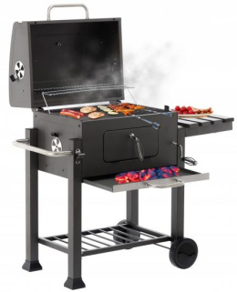 GRILL OGRODOWY WĘGLOWY DUŻY Z POKRYWĄ, ŻELIWNYM RUSZTEM I KÓŁKAMI 114,5 x 60 x 108 CM